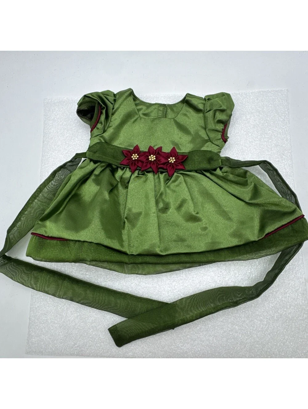 2001 American Girl Bitty Baby Poinsettia Green Dress Book Christmas Set W/Bell